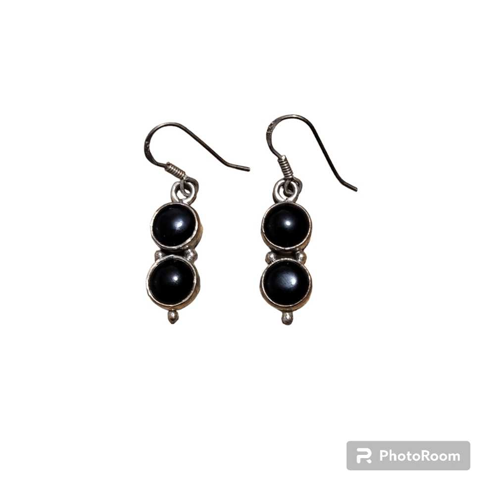 Vintage silver plated black onyx stone dangle earrings - Picture 2 of 5